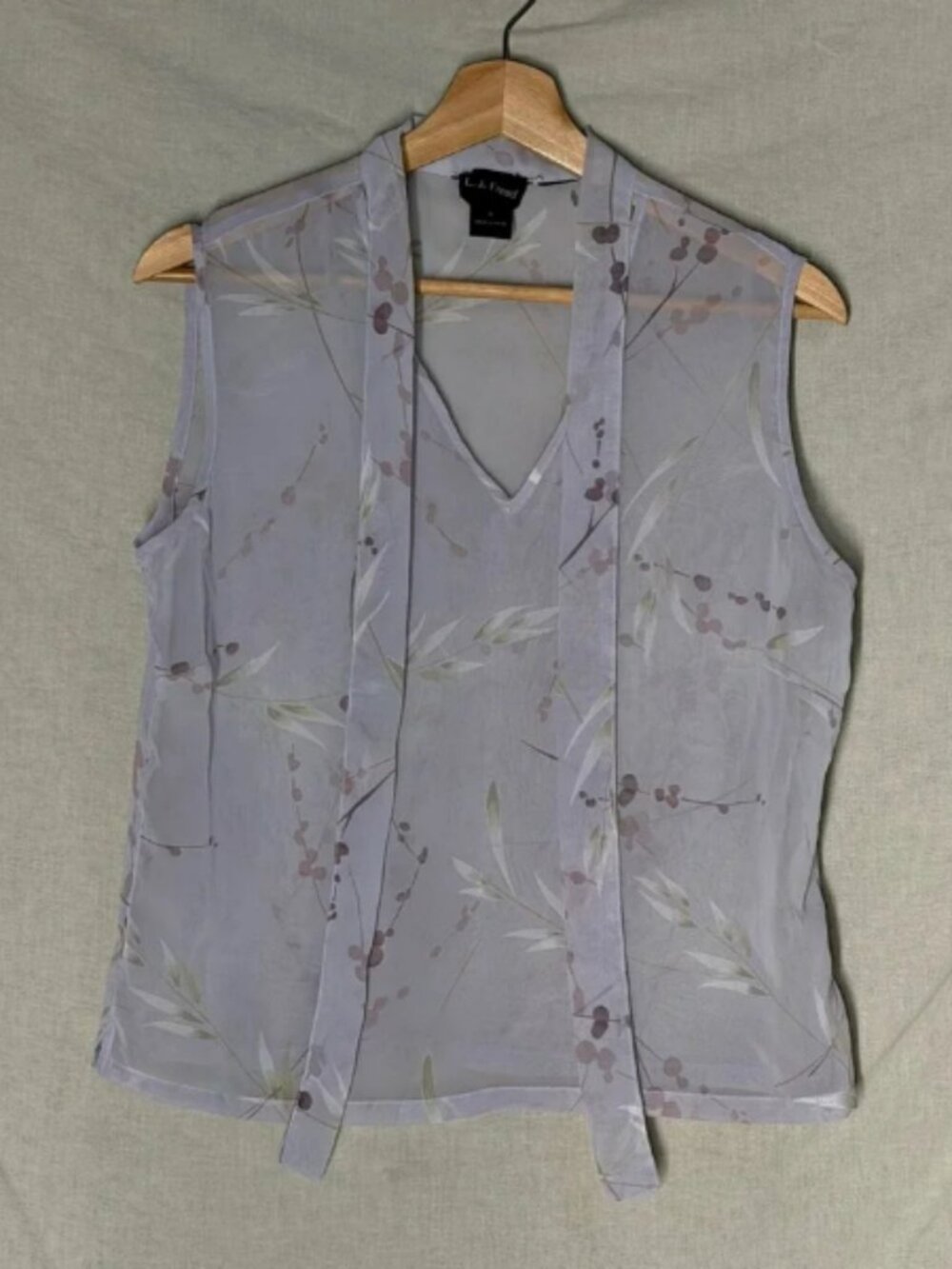 L.J. Freud Lavender Floral Sheer Tie Neck Sleeveless Blouse Women's Size M